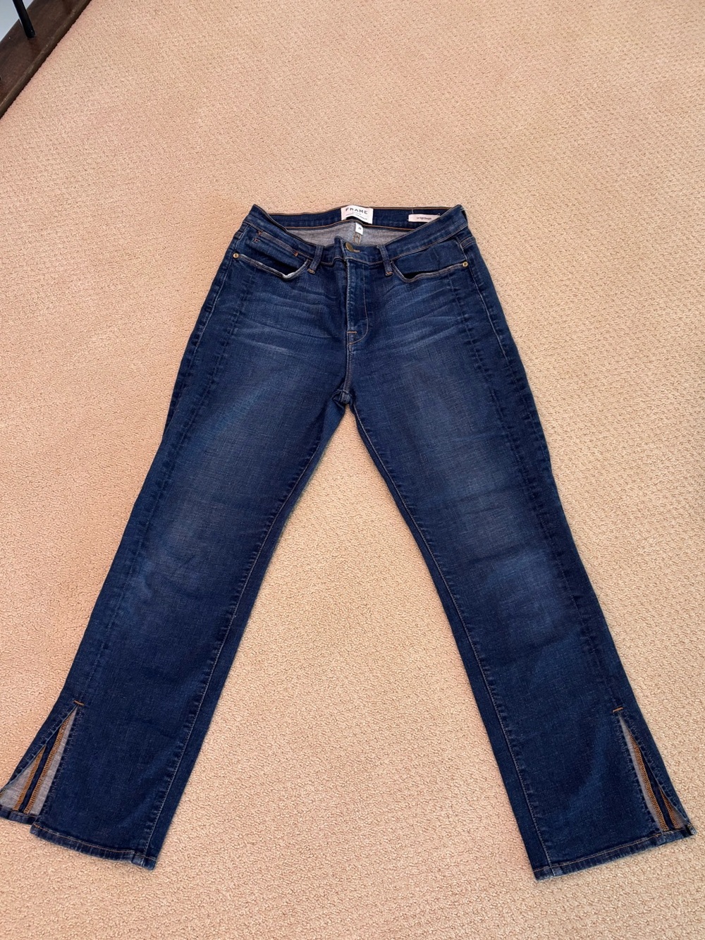 Frame Denim Le High Straight Mid-Rise Dark Indigo Jeans with Ankle Slits